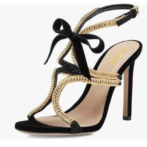 Women's Ankle Strap Sandals Stiletto High Heels Metal Chain Buckle Shoes Black